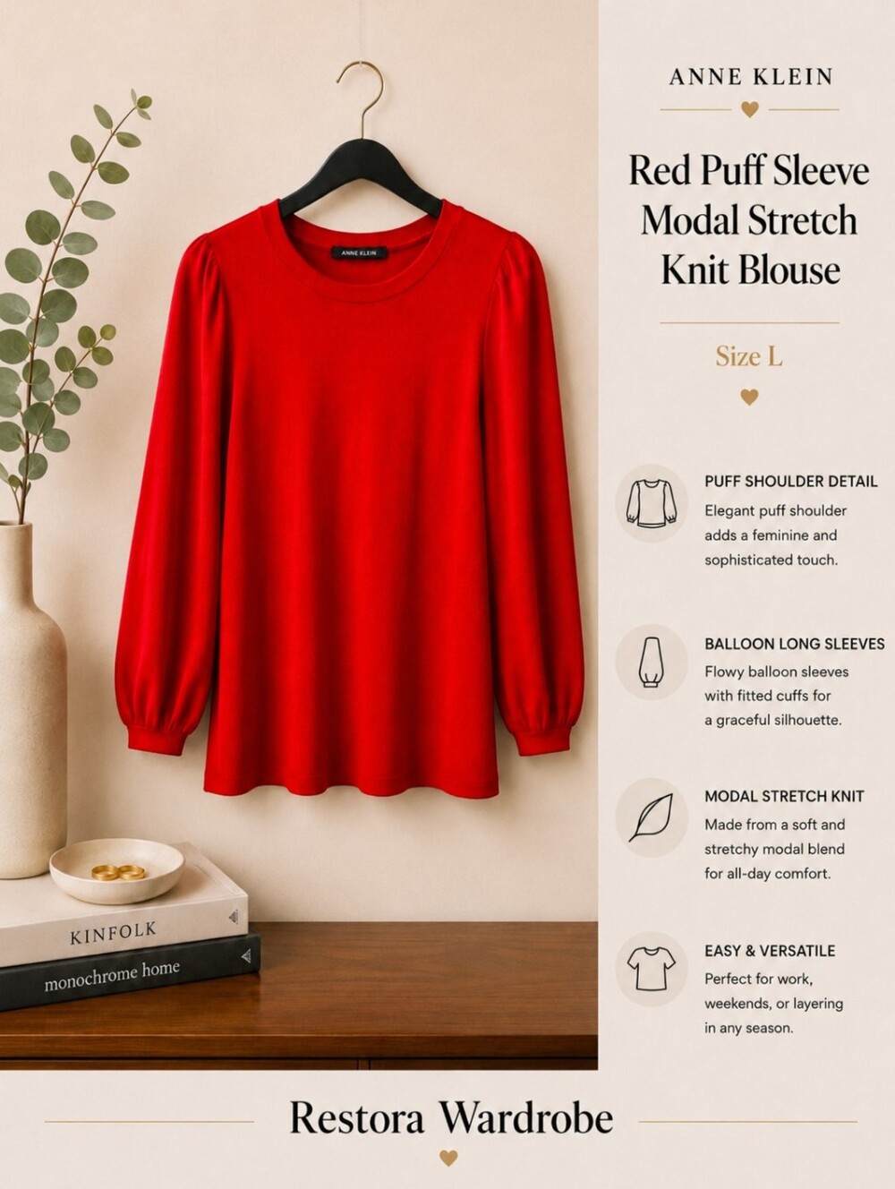 Anne Klein Red Puff Sleeve Modal Stretch Knit Blouse Top Large Size L - Picture 2 of 12
